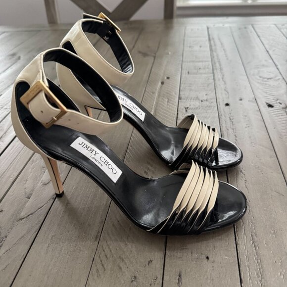 Jimmy Choo Livvi 85 Two-tone Leather Sandals Heels White Black - Picture 9 of 14
